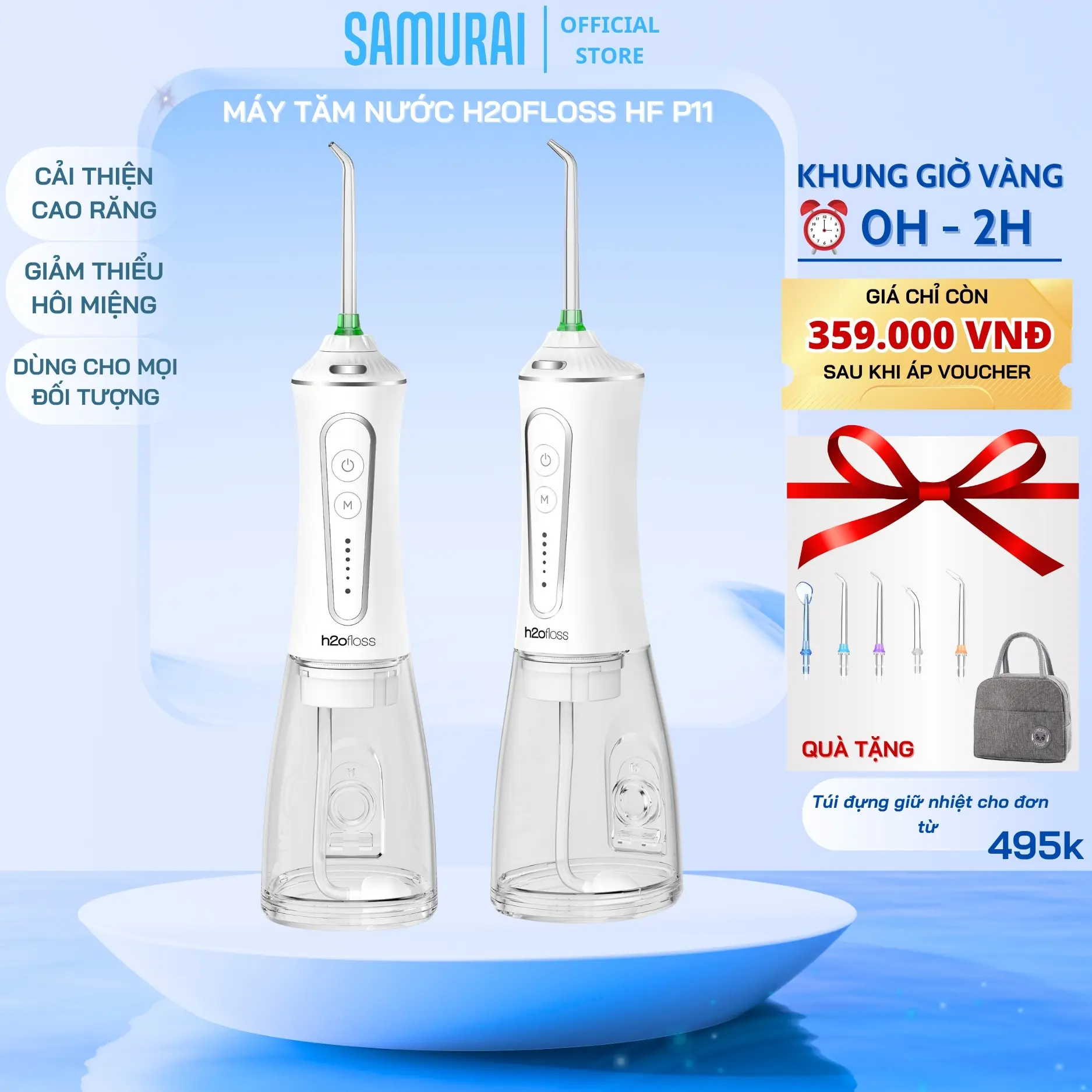 Máy Tăm Nước H2OFloss HF-P11 Samurai Nâng Cấp Chống Thấm Nước, Tặng Túi Vải, 5 Đầu Phun, Bảo Hành 12 Tháng