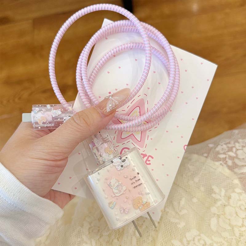 【COD】[Model Terbaru]Pink Ribbon Bow Data Cable Protective Case Charger Protective Case Set Cocok untuk IP