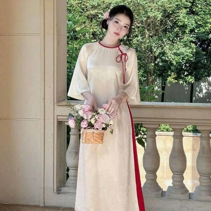 Áo gấm lụa cổ tết phối nơ đỏ và cúc bọc phom xuông cách tân màu da áo dài công sở giáo viên Nữ Women Dress