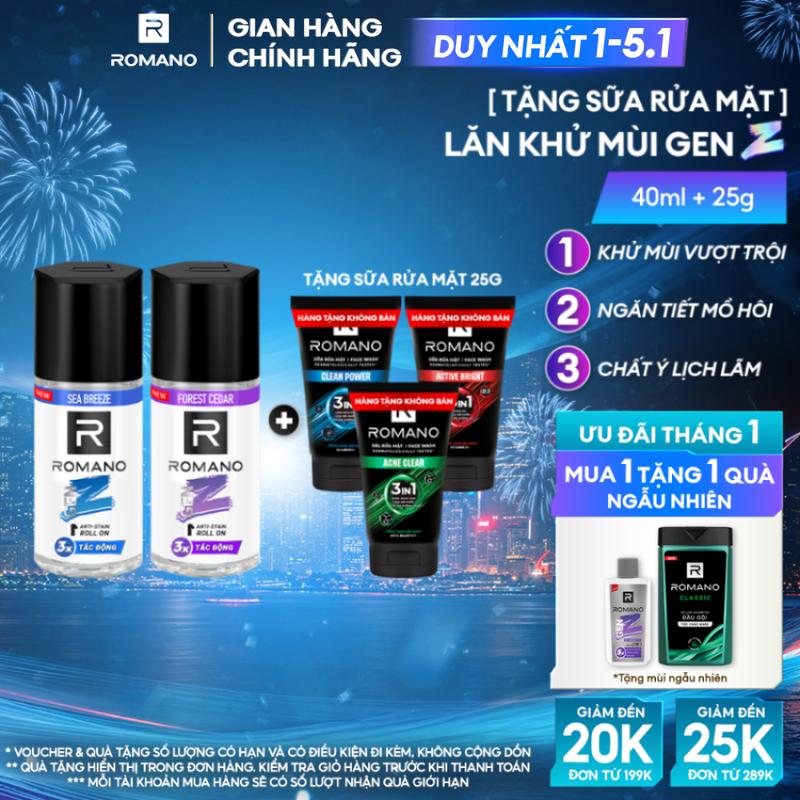   DUY NHẤT 1-5.1  Tặng Sữa Rửa Mặt 25g  Lăn Khử Mùi Gen Z Romano 40ml 50ml + Sữa Rửa Mặt 25g 
