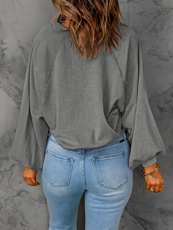 Women's Plain Button Front Lantern Sleeve Sweatshirt, Trendy Casual Trendy Long Sleeve Collared Pullover for Spring & Fall, Ladies Clothes for Daily Wear 6