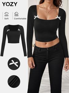 YOZY Women's Bow Decor Square Neck Crop Tee, Y2K Trendy Long Sleeve T-shirt for Daily Wear, Ladies Clothes for All Seasons