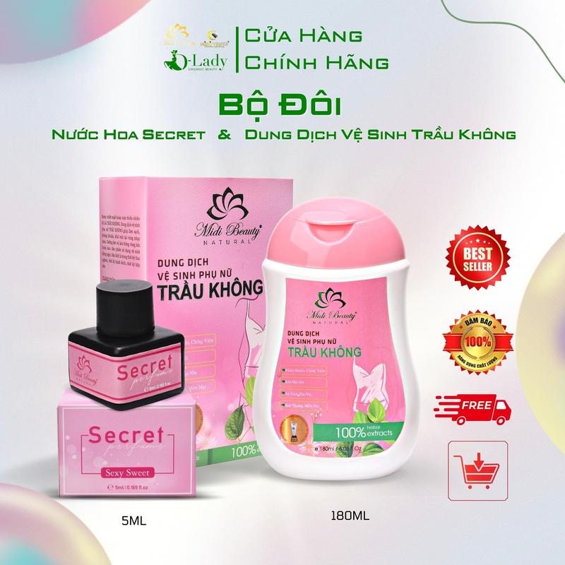 [CHE TÊN HỘP HÀNG] COMBO GỒM: 01 CHAI DUNG DỊCH VỆ SINH PHỤ NỮ TRẦU KHÔNG 180ML+ 01 NƯỚC HOA 5ML: [Chính hãng] Làm sạch, khử mùi hôi, cân bằng độ pH, dưỡng ẩm mềm mịn da, an toàn, sạch thoáng thơm mát cả ngày.