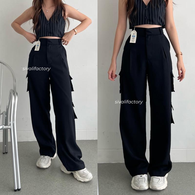 SIVALI Bonnie Cargo Pants - Highwaist Loose Cargo - Celana Kargo Wanita - Baggy Pants Panjang Polyester Kulot Casual Hitam Kantor Kantor Formal Kerja Kerja Kerja Basic Karet 7