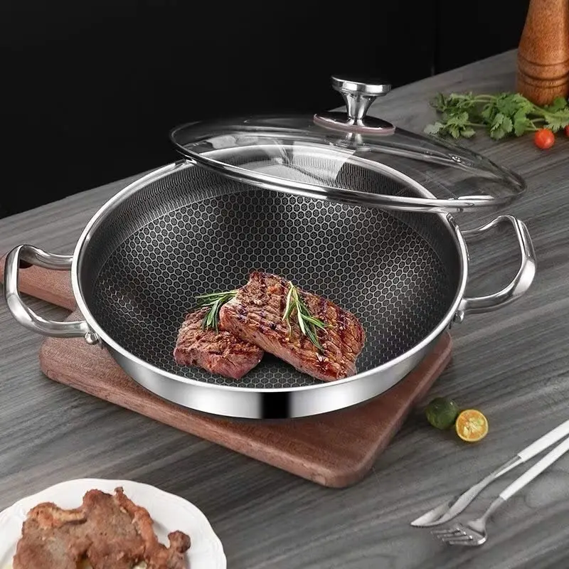Chảo Tổ Ong Đáy Phẳng 2 Quai, Chống Dính Sâu Lòng, Size 28 cm, mồi inox Phù Hợp Với Mọi Loại bếp inox 304 siêu bền(Không nắp) 0