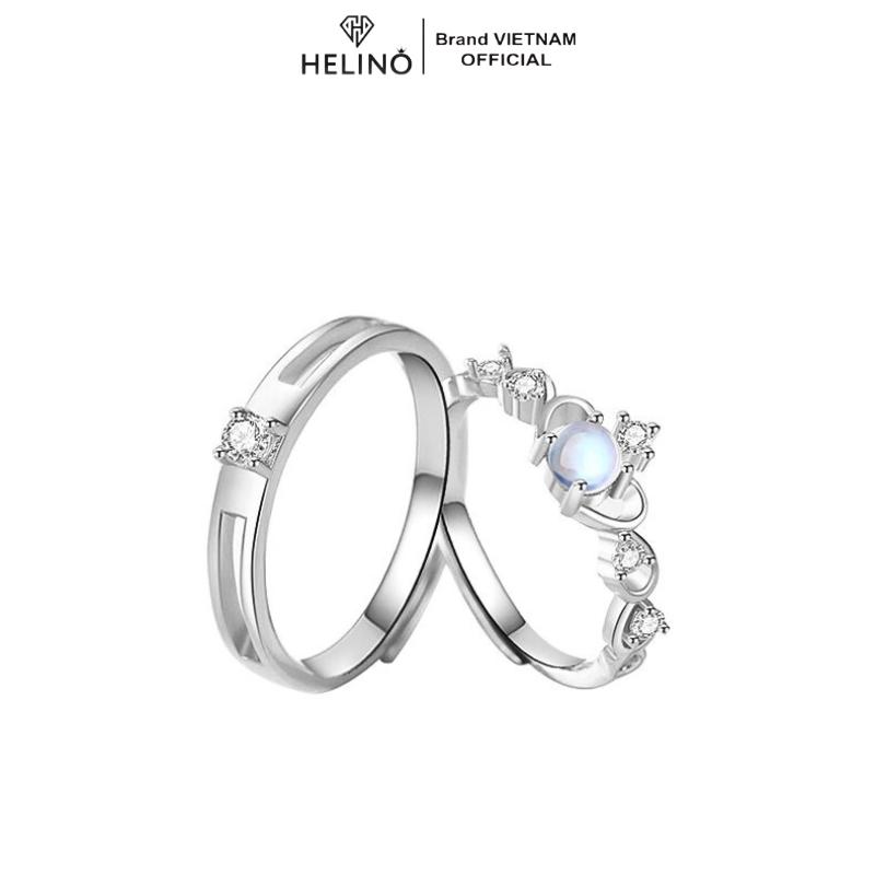 (TẶNG HỘP) Nhẫn bạc đôi 925 HELINO đính đá Moonstone vương miện tim, trang sức cao cấp, tự điều chỉnh size ND02