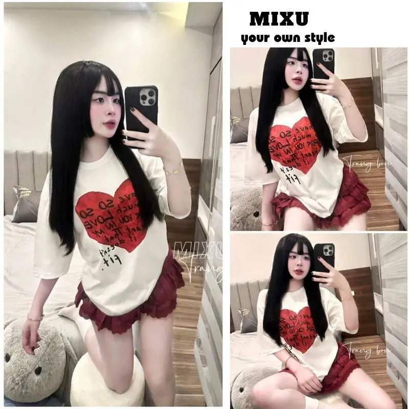 Set áo thun tim chữ mix chân váy xếp ly đỏ viền ren siêu xinh mặc hè cực đẹp - EOBI 8