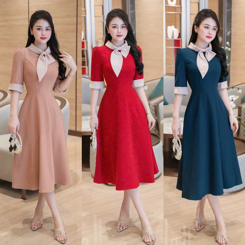 V92 - Váy cổ nơ hàng không tay lỡ, 3 màu thiết kế eo cao mặc che bụng, chất liệu mango nhập khẩu, mát mịn, dài 105cm - Thời trang Đầm Nữ Nhà Min, váy dự tiệc thiết kế