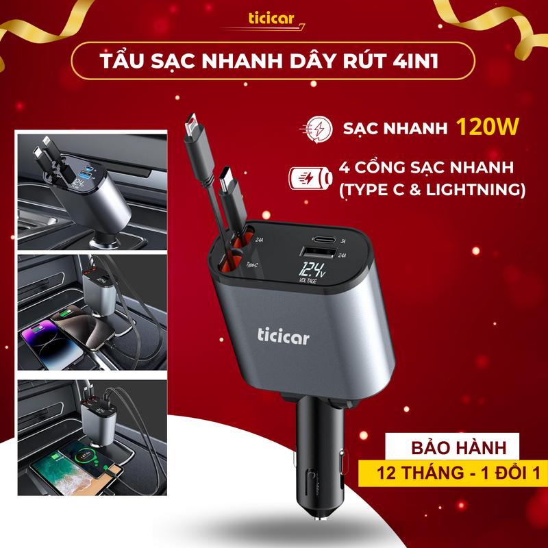 Tẩu sạc nhanh điện thoại trên ô tô 60W 4in1 by ticicar, phụ kiện sạc nhanh trên xe hơi thế hệ mới, dây sạc có thể thu vào rút ra (80cm), 4 cổng sạc Type C, lightning và USB. Tương thích với iPhone 15/14/13/12/11 Pro Max Plus/iPad/AirPods, Galaxy,Oppo,...