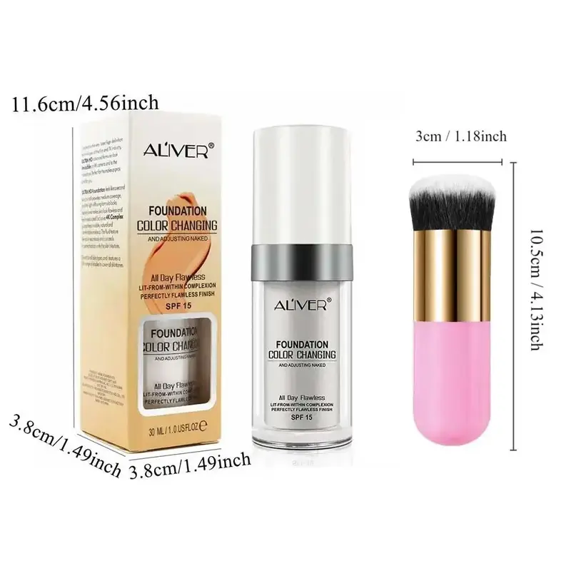 Color Changing Liquid Foundation & Makeup Brush Set, 2 Counts/set Long Lasting Waterproof Moisturizing Foundation & Makeup Brush, Oil Control  Cosmetic 1
