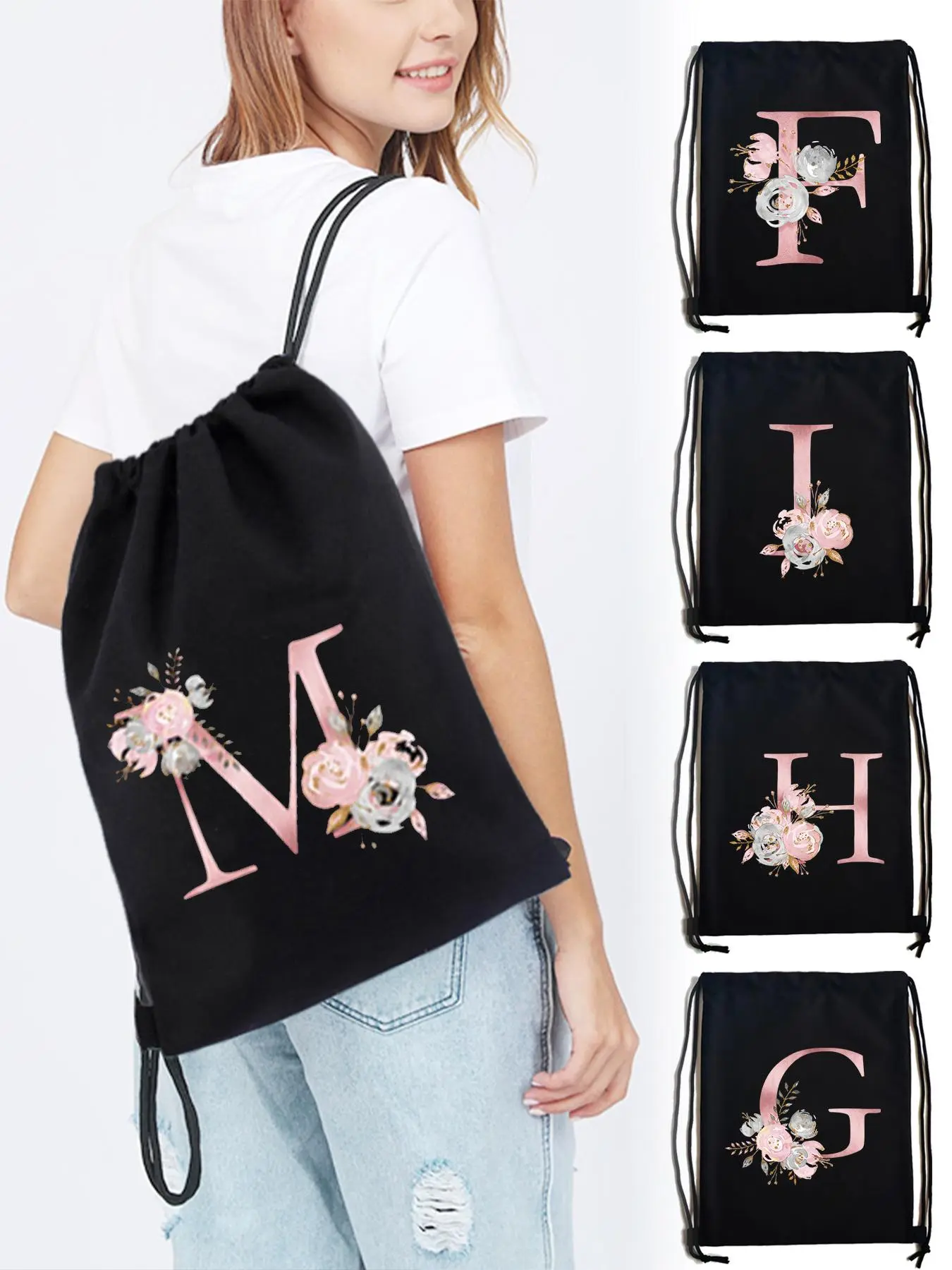 Letter Pattern Drawstring Backpack, Casual Foldable Storage Bag, Outdoor Sports Fitness Backpack, Travel Drawing Straps Closure Knapsack for Teenager Women Men Travel Accessories