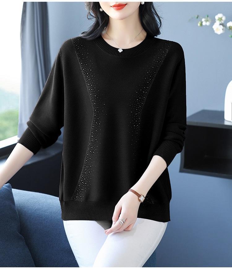 Product Introduction of Knatwear women's round neck rhinestone sweater new fashion mom loose Western style knits long sleeve thin top crop 24