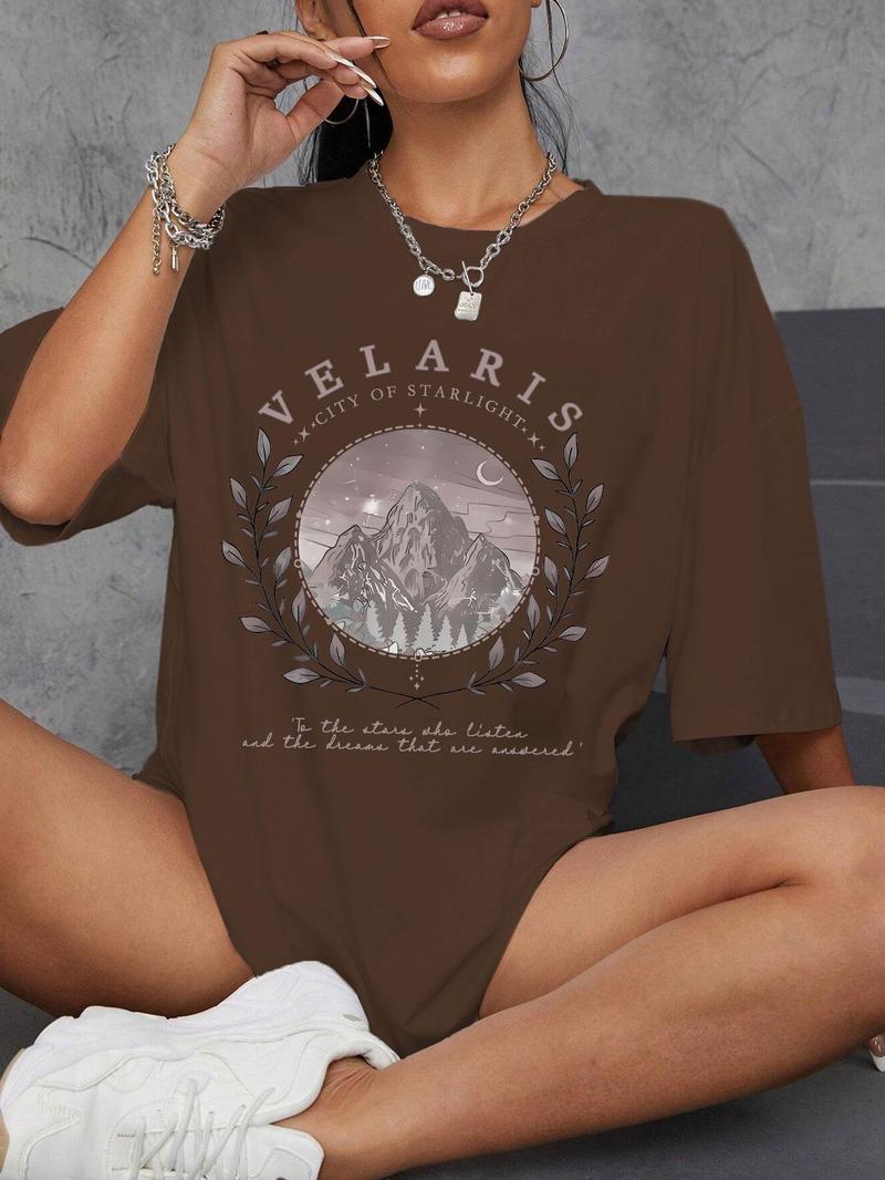 Product Introduction of Women's Mountain & Letter Print Round Neck Tee, Trendy Casual Crew Neck Short Sleeve T-shirt for Daily Wear, Ladies Summer Outfit 4