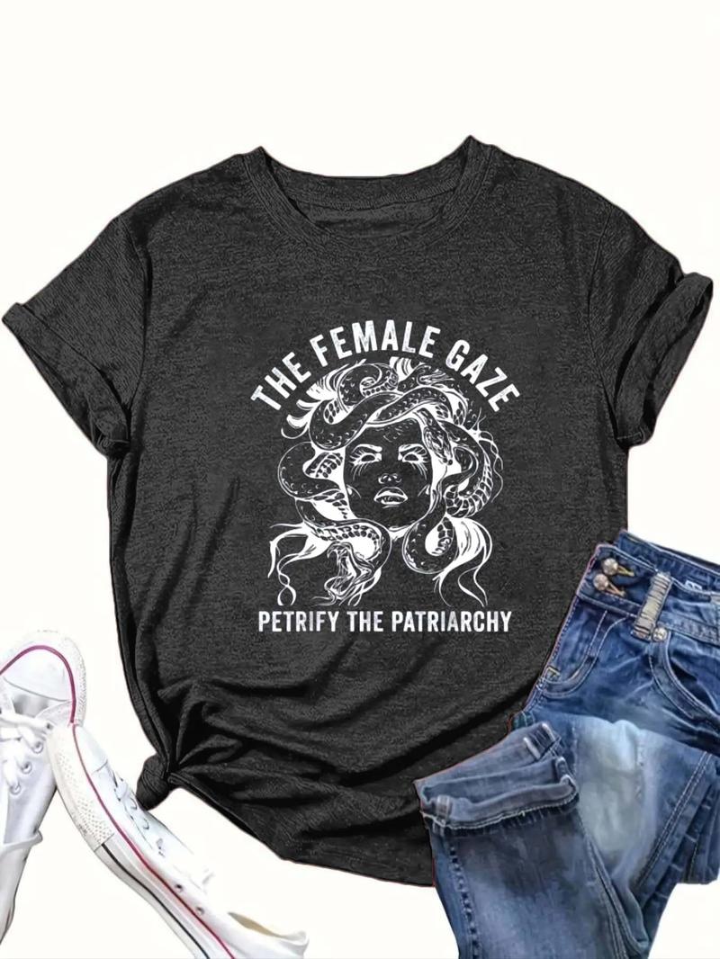 Product Introduction of 【Plus Size】 Cartoon & Letter Print Round Neck Tee, Fashion Casual Crew Neck Short Sleeve T-Shirt for Daily Outdoor Wear, Women Clothing for Summer 4