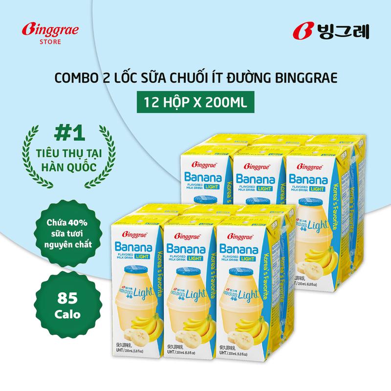 Combo 2 Lốc Sữa Chuối Ít Đường Hàn Quốc Binggrae (12 Hộp x 200ml)