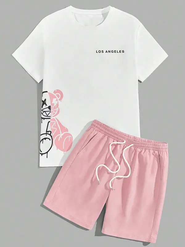 Two-Piece Set Men's Cartoon Bear & Letter Print Short Sleeve Tee & Shorts Set, Regular Fit Casual Round Neck T-shirt & Track Shorts, Summer Clothes Set for Men 2