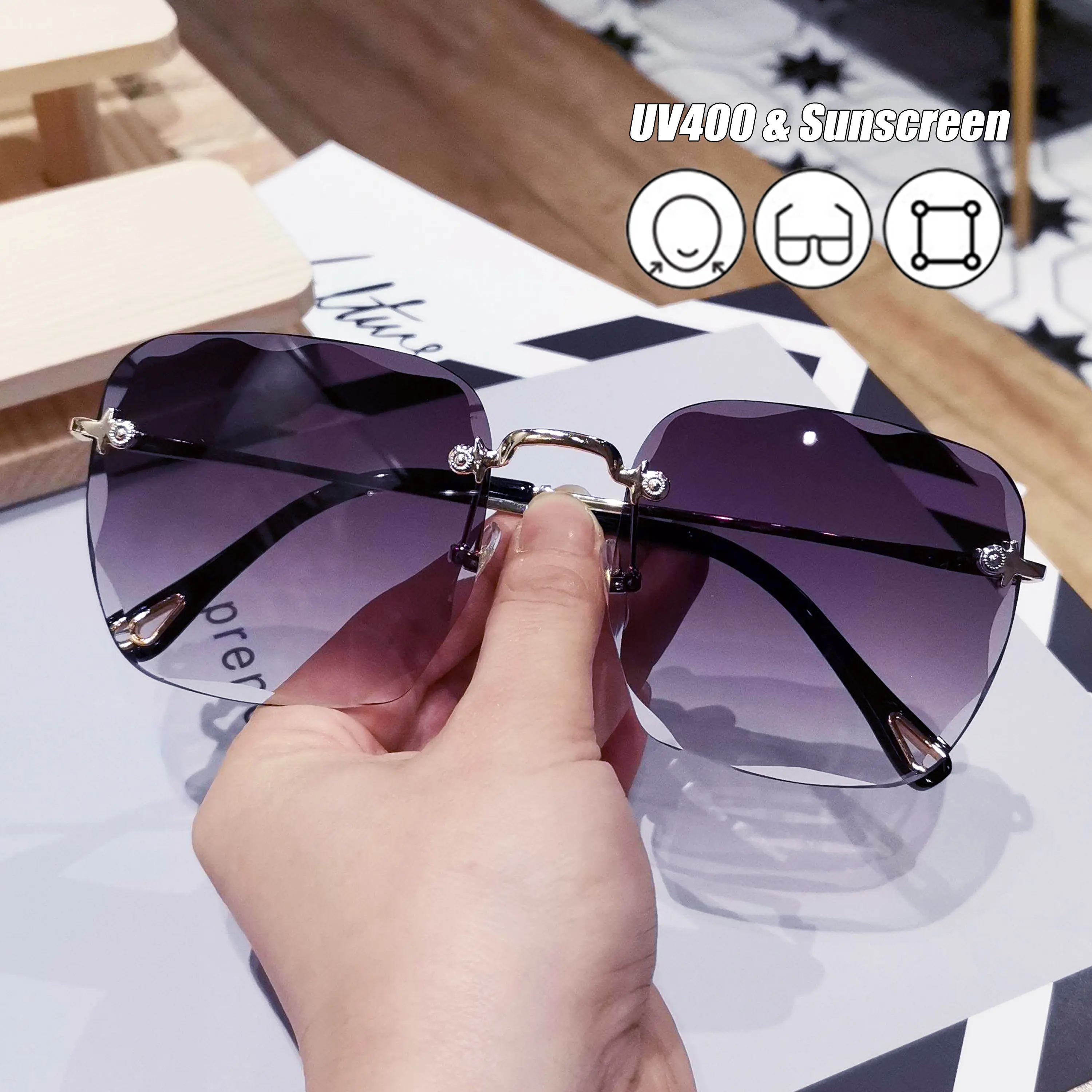 Oversized Rimless Square Sunglasses UV400 Protection Frameless Rimless Square Sunglasses Unisex Oversized Fashion Shades UV  main image 2