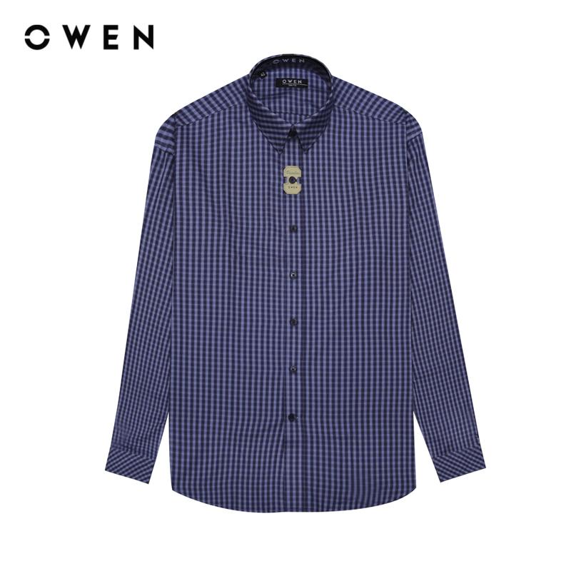  OWEN - Áo sơ mi Nam dài tay Không túi Slim Fit AS240509D màu Xanh tím than chất liệu Bamboo poly   Hoạ tiết Kẻ nhỏ Menswear 