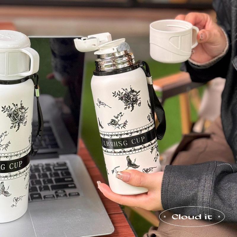 Floral Pattern Vacuum Flask, 1 Count Portable Large Capacity Stainless Steel Insulated Water Bottle, Vacuum Flasks for Outdoor Travel Camping 3
