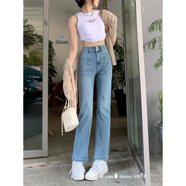 Quần Jean xanh da trời ống đứng cạp cao S04 Nữ Women Denim