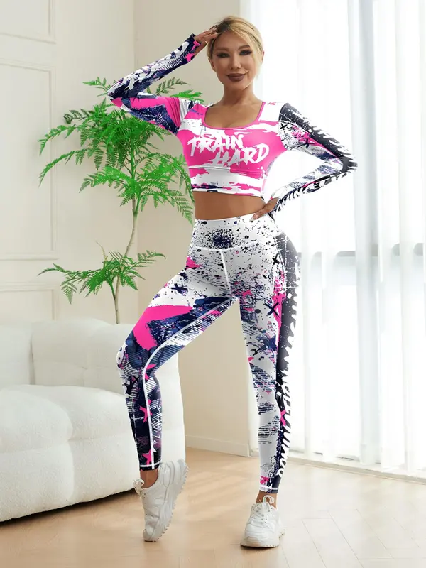 Women's Patchwork Print Crop Top & High Waist Leggings Set, Sporty Breathable Comfy Outfits for Yoga Gym Workout Running, Ladies Clothes for All Seasons 3