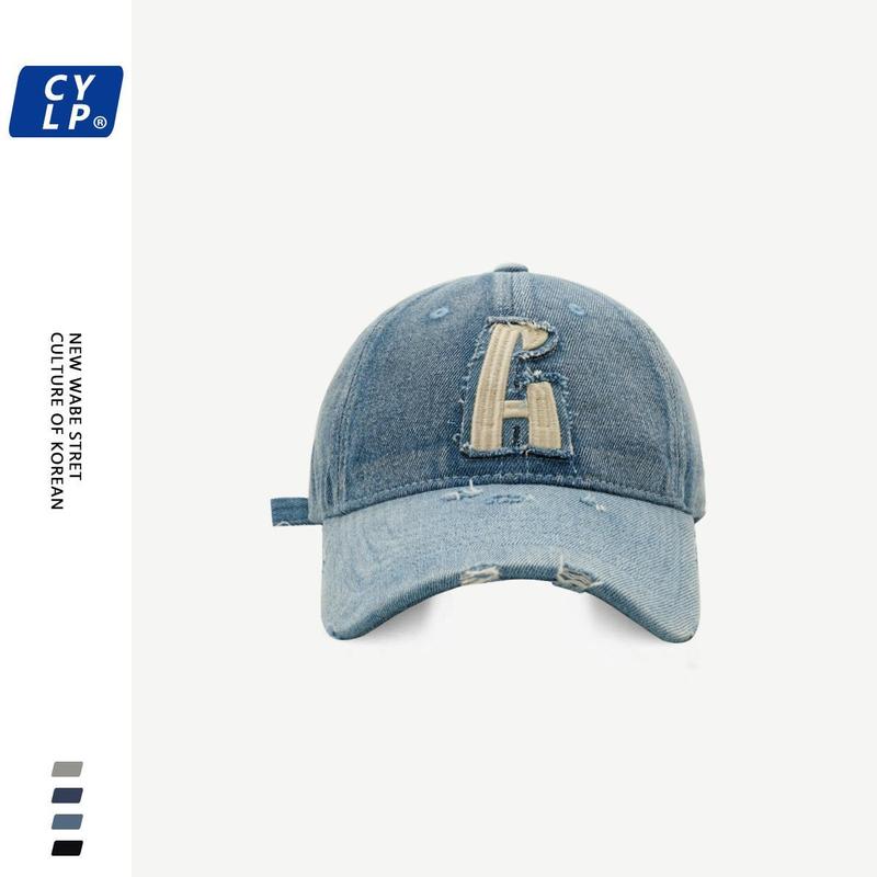 Mũ Bóng Chày Denim, Phong Cách Đường Phố, Dành Cho Nam Và Nữ, Thiết Kế Làm Cũ Và Rách, Phong Cách Hàn Quốc, Thêu Chữ, Mũ Lưỡi Trai 0