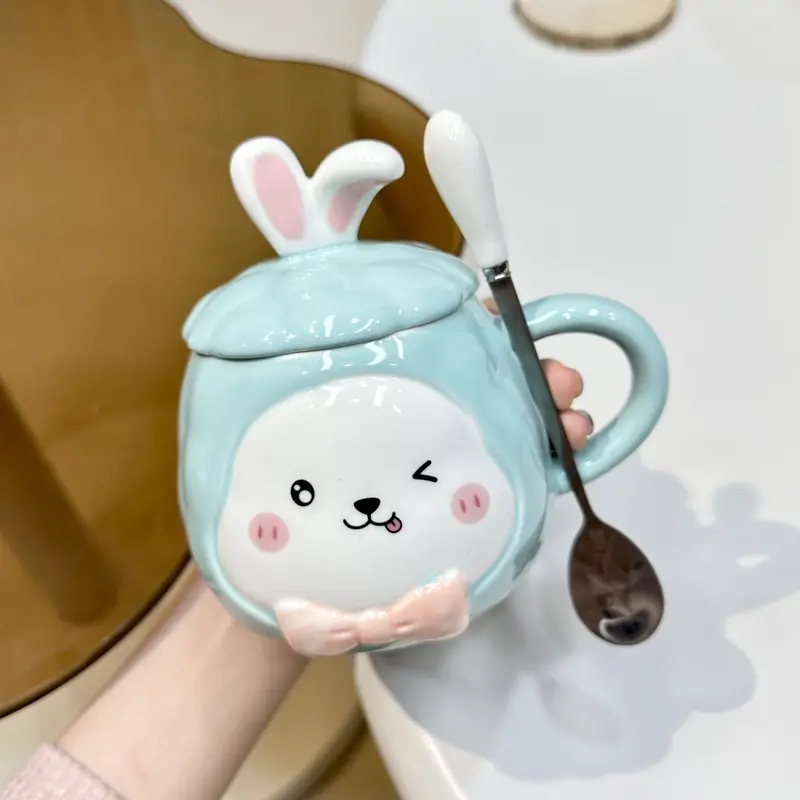 Ly cốc sứ có nắp đậy hình thỏ dễ thương 450ml, cốc uống nước có nắp đậy kèm thìa - TTB 6