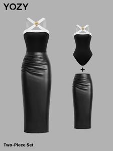 YOZY Women's Contrast Binding Bodysuit & PU Leather Skirt Set, Ladies Clothes for Party Club Dating