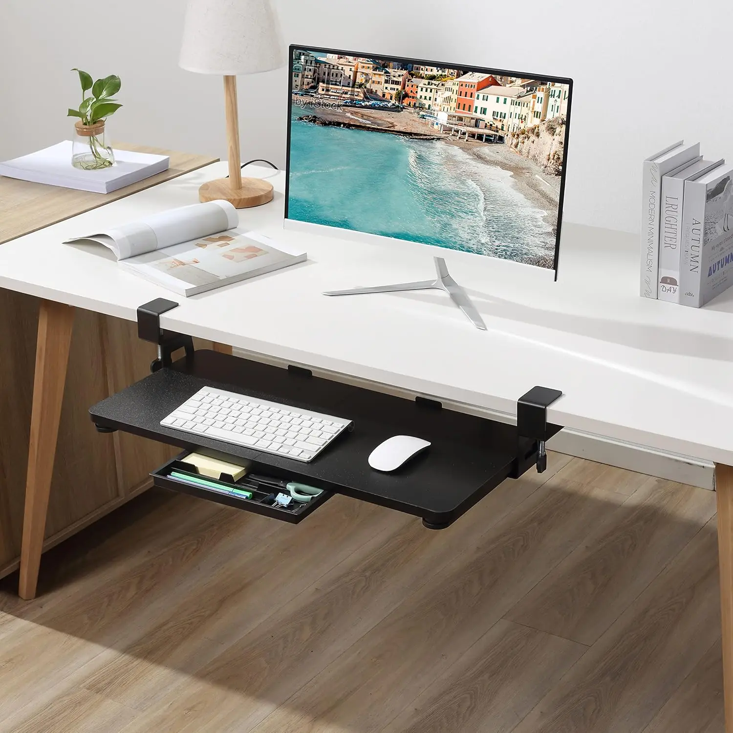 Keyboard Tray Under Desk, 26.77" X 11.81" Large Size Keyboard Tray with C Clamp-on Mount Easy to Install, Computer Keyboard Stand, Ergonomic Keyboard Tray for Home and Office (Black)