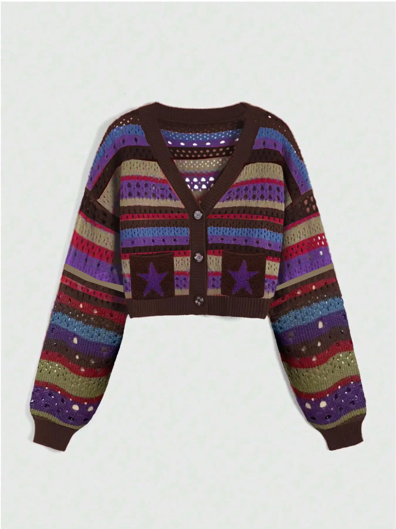 Women's Colorblock Striped Print Crochet Hollow Button Front Cardigan, Boho Style Long Sleeve Open Front Cardigan, Women's Knitwear for Fall & Winter