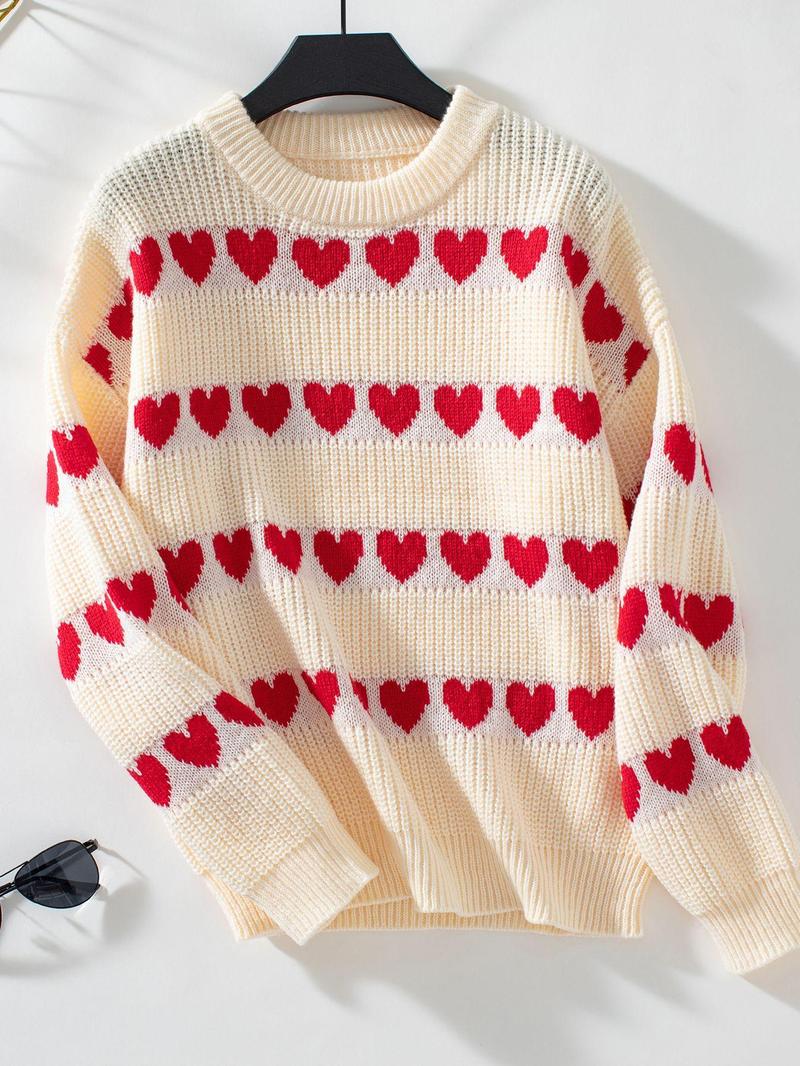 Product Introduction of Women's Heart Print Crew Neck Sweater, Casual Long Sleeve Jumper for Fall & Winter, Fashion Ladies' Knitwear for Daily Wear 1