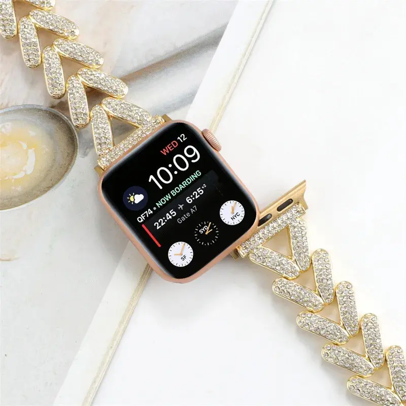 Dây đeo kim loại kim cương cho dây đeo Apple Watch, Tương thích với 41mm, 44mm, 45mm, 46mm và 49mm, Dây đeo thắt lưng nữ nâng cao, Thích hợp cho dòng iWatch 10, 9, 8, 7, SE, 6, 5, 4, Ultra, Vòng đeo tay Smartwatch 5