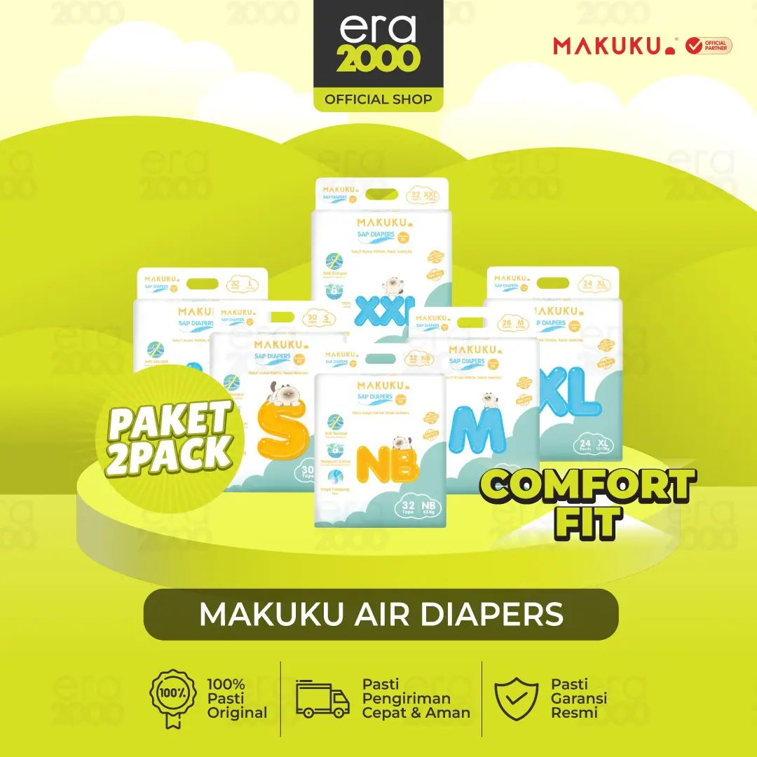 [2 BALL] Makuku Comfort Fit SAP Diapers Tape/Pants NB32/S30/M28/L26/XL24/XXL22 | Popok Bayi Tipis Cepat Kering Anti Gumpal Pampers Tipe Perekat dan Celana