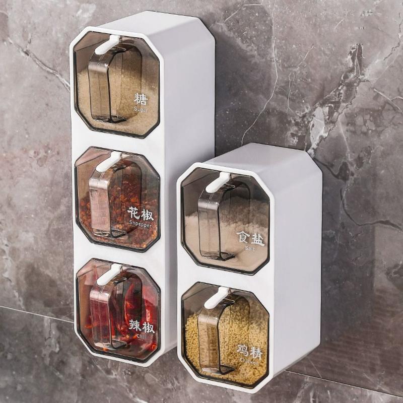 Durable Plastic Seasoning Boxes 2/3 Grid Wall Mounted Condiment Tank With Spoon Divided Seasoning Jar Chicken 7