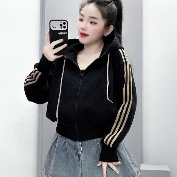 Áo Khoác Nỉ Nữ Tay Thêu Viền Sọc Nhiều Màu Có Túi Trong