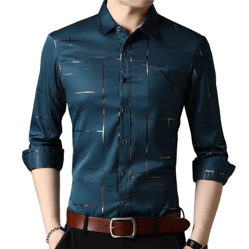 [Gz] Áo Công Sở Dài Tay Cho Nam, Áo Có Cổ Rẽ, Sọc, Một Bên Ngực 1