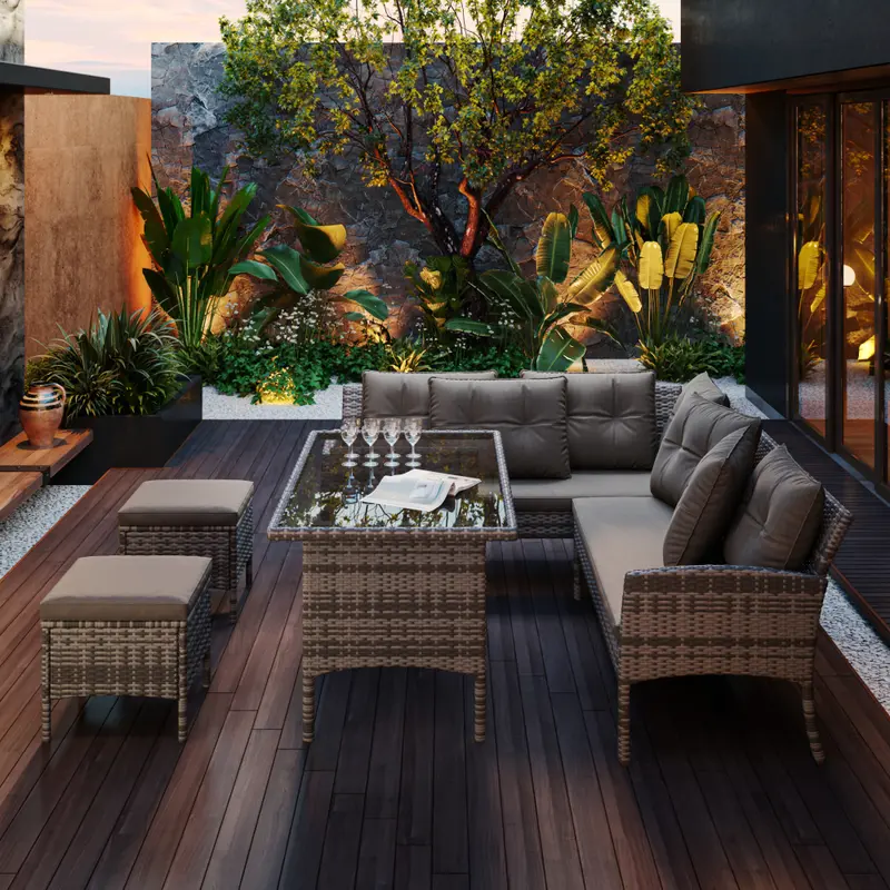 6-7 Seater Rattan Corner Sofa Set with Coffee Table - Mixed Khaki Wicker Garden Furniture - All-Weather Patio Set with Removable Light Cushions Chairs Couches 5