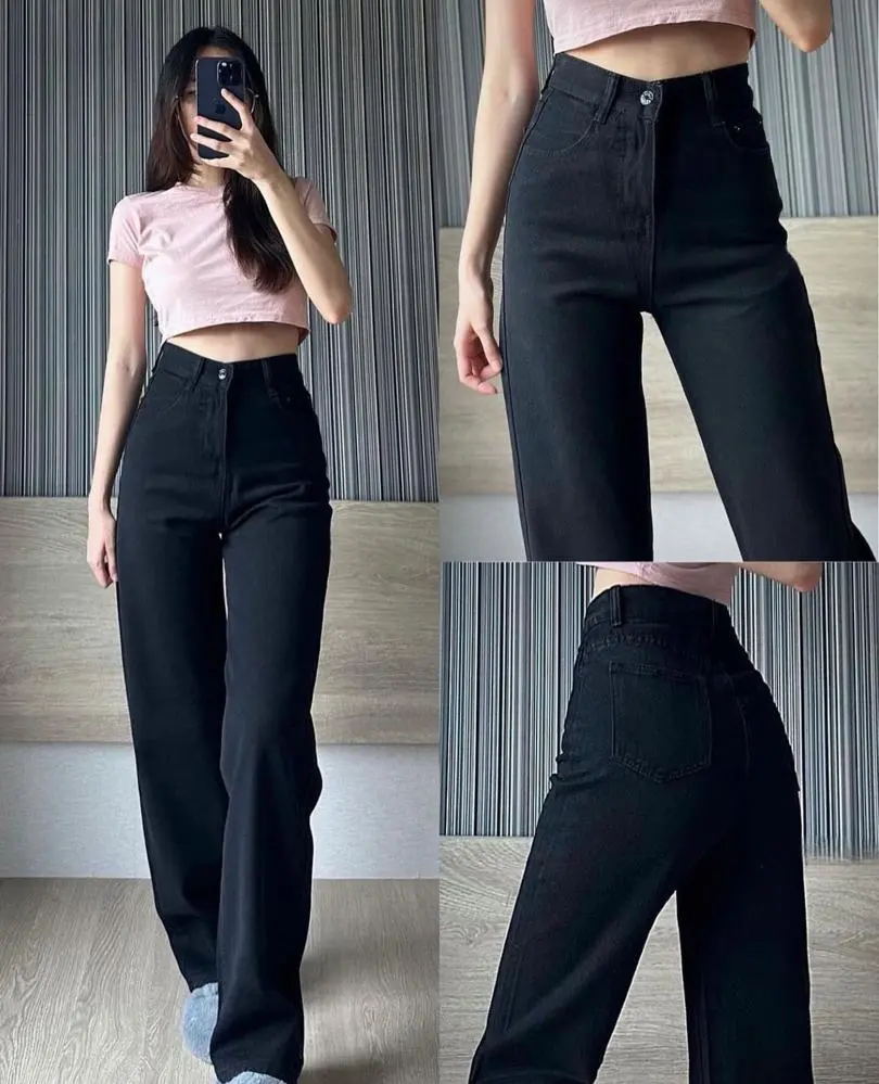 Celana Loose Jeans Wanita Highwaist Panjang Tebal Ritsleting Loose-fitting  Dark  Hitam