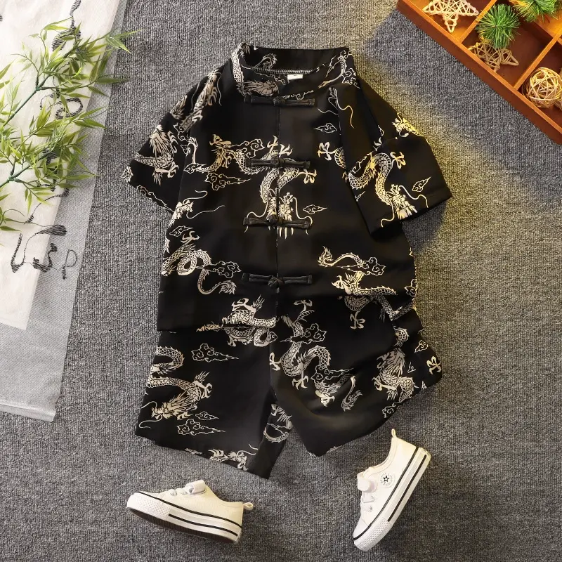 Bộ Áo Sơ Mi Hanfu Lụa Mango Ngắn Tay + Quần Short Họa Tiết Rồng Cho Bé Gái Và Bé Trai Phong Cách Sành Điệu Thời Trang Mùa Hè 1