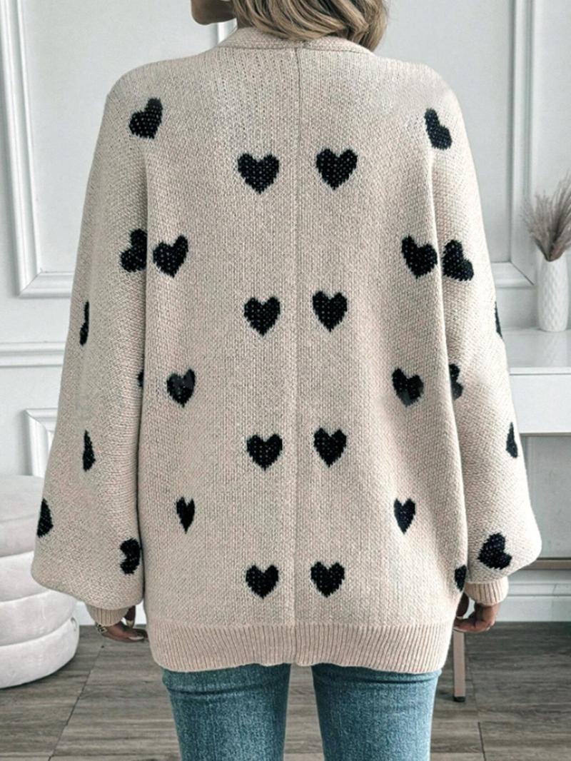 Product Introduction of Women's Heart Print Bishop Sleeve Cardigan, Valentine's Day Casual Long Sleeve Open Front Knitwear for Spring & Fall,  Cardigans for Women, Fashion Women's Knit Clothing for Daily Wear, Gift 2