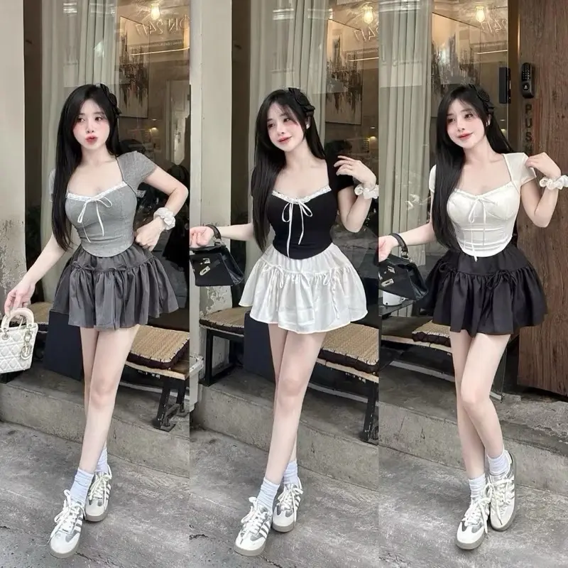 Sét Áo Kiểu Ren Nơ + Mix chân váy bí có lót quần bên trong ( Bigsize :50-90kg ) Nữ Women