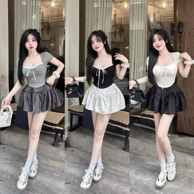 Sét Áo Kiểu Ren Nơ + Mix chân váy bí có lót quần bên trong ( Bigsize :50-90kg ) Nữ Women | BigBuy360 - bigbuy360.vn