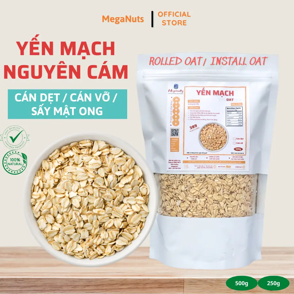 Yến Mạch Cán Dẹt, Cán Vỡ MEGANUTY, yến mạch sấy mật ong thơm ngon 500gr