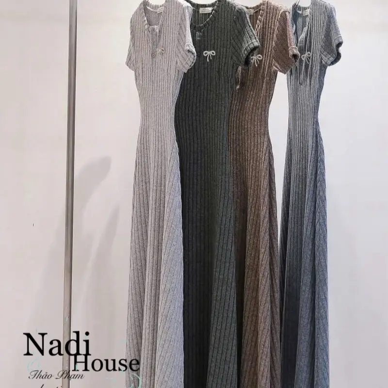 ĐẦM LEN ĐŨA DÁNG A, CÚC TRƯỚC, KÈM TAG NƠ ( 4 màu đen/ xám/ nude/ hồng, kèm ảnh thật), form dài maxi Nữ Women 1