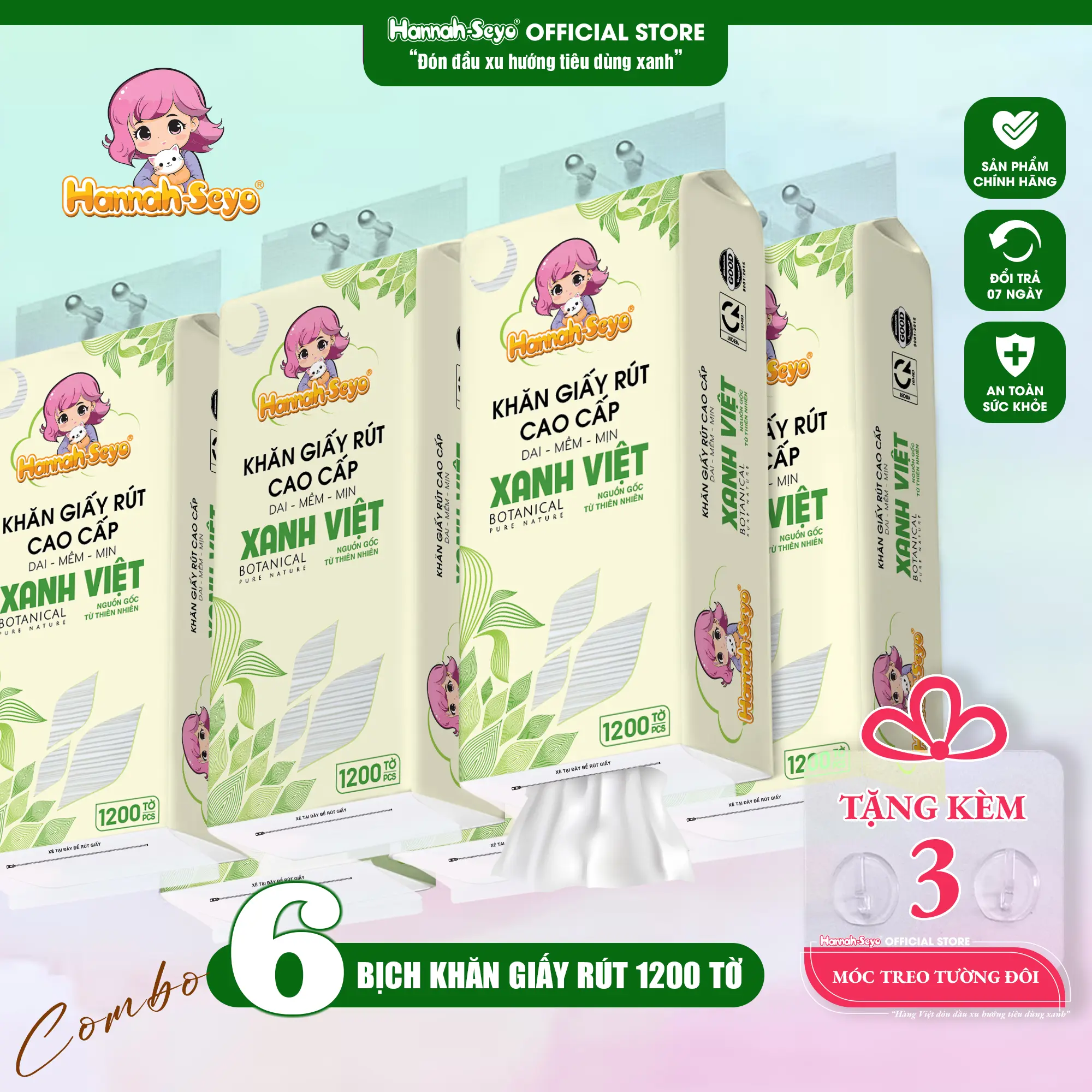 (ĐA KHO) COMBO 06 bịch Khăn giấy rút dạng treo XANH VIỆT Hannah Seyo 1200 tờ 4 lớp, Giấy rút