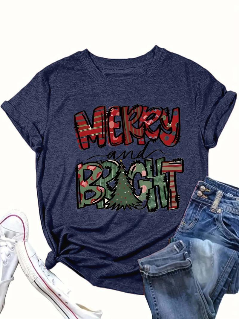 Product Introduction of 【Plus Size】 Cartoon Christmas Tree & Letter Print Round Neck Tee, Casual Short Sleeve Crew Neck T-Shirt for Summer, Women's Clothing for Daily Wear 5