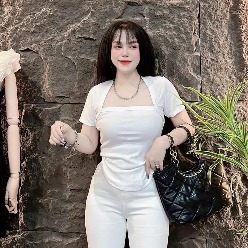 HANA CLOTHING 01 ￼ZHELIHANGFEI Áo Thun Tay Ngắn Cổ Vuông Màu Phong Cách Mới Cho Nữ