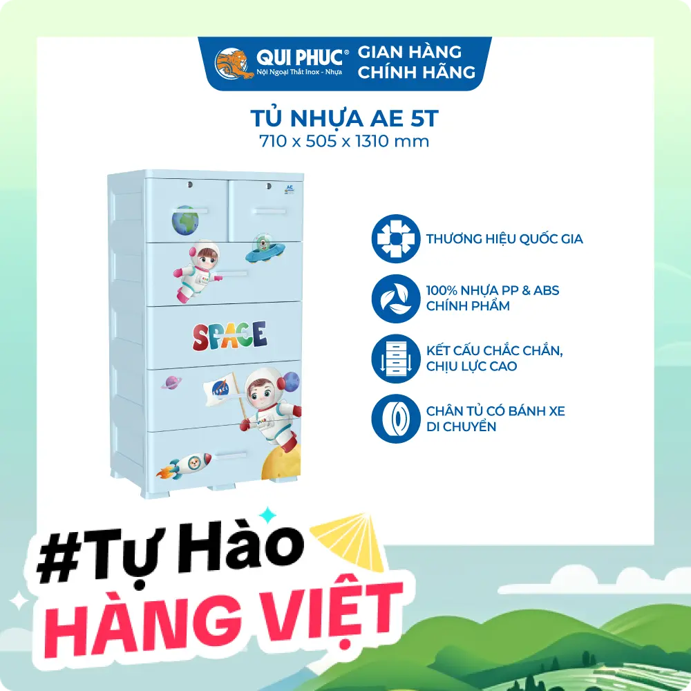 Tủ Nhựa AE 5 Tầng - Chính Hãng Qui Phúc - 100% Nhựa PP Và Nhựa ABS Chính Phẩm - Họa Tiết Ngộ Nghĩnh, Ngăn Kéo Rộng
