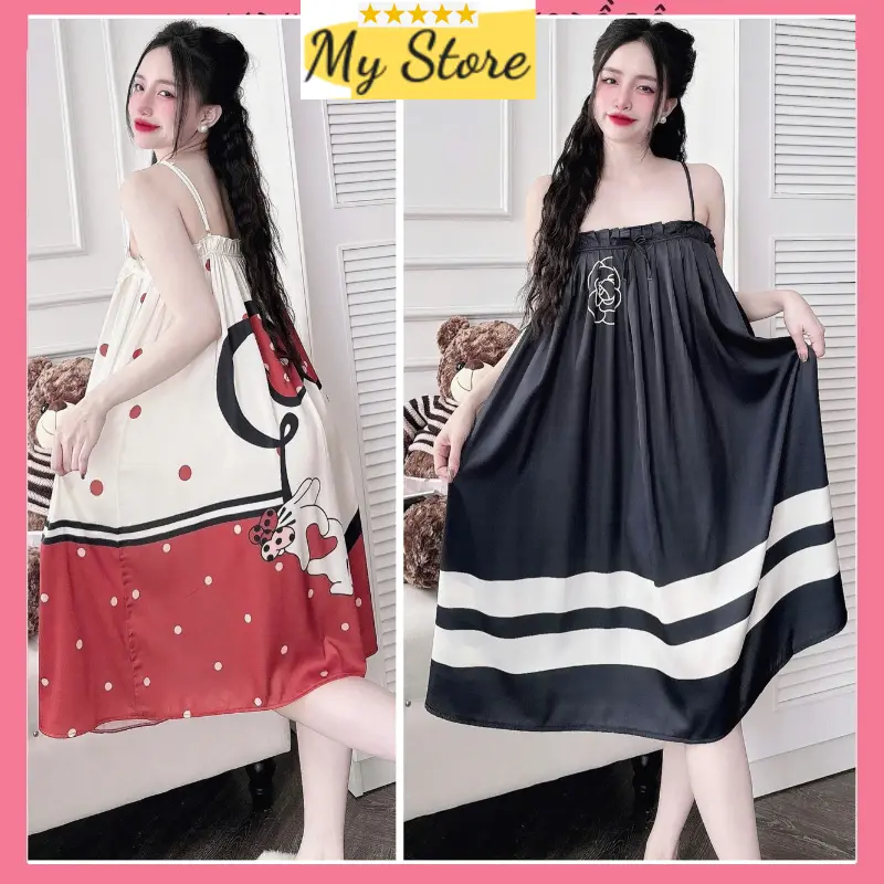 [ Size <65kg ] Váy ngủ 2 dây dập li quyến rũ dễ thương chất liệu vải lụa latin mịn mát form dưới 65kg