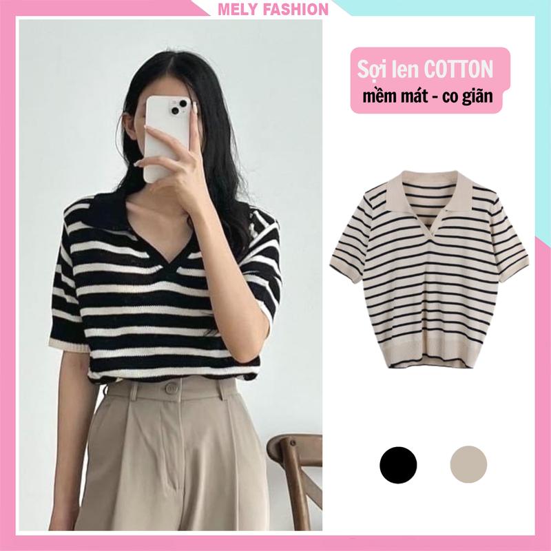 Áo len nữ Polo croptop cổ V form suông ngắn tay phong cách hàn quốc hàng dệt kim montergy Quảng Châu Mely Fashion Đen Women AL13